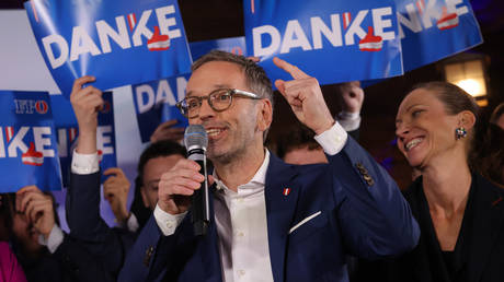 Lead candidate of the far-right Freedom Party of Austria (FPOe) Herbert Kickl celebrates with supporters at the FPOe election evening party following Austrian parliamentary elections on September 29, 2024 in Vienna, Austria.