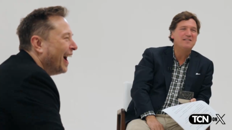 Tesla CEO Elon Musk sits for an interview with American journalist Tucker Carlson