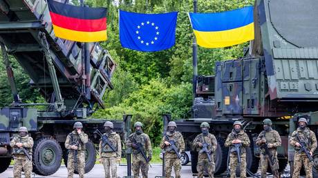 FILE PHOTO: German and Ukrainian soldiers at a military training range in Western Pomerania.