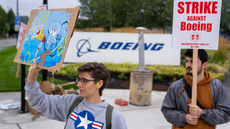 Machinists' union members picket outside a Boeing Factory, September 13, 2024, Renton, Washington.