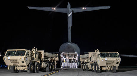 Trucks carrying THAAD launchers are pictured shortly after arrival at a US air base in South Korea, March 6, 2017