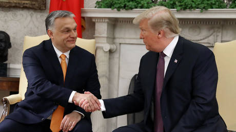  Then-US President Donald Trump shakes hands with Hungarian Prime Minister Viktor Orban during a meeting in the Oval Office, Washington, DC, May 13, 2019.