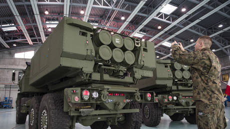  US-made Himars rocket launchers arrive at a military base in Warsaw, Poland on May 15, 2023.