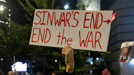 An Israeli protester holds a sign at a rally in Tel Aviv, October 17, 2024.