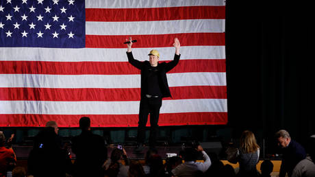 SpaceX and Tesla founder Elon Musk participates in a town hall-style meeting to promote early and absentee voting at Ridley High School on October 17, 2024 in Folsom, Pennsylvania.