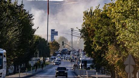 Emergency workers respond to an attack on Turkish Aerospace Industries headquarters in the Kahramankazan district of Ankara, Turkiye, October 23, 2024