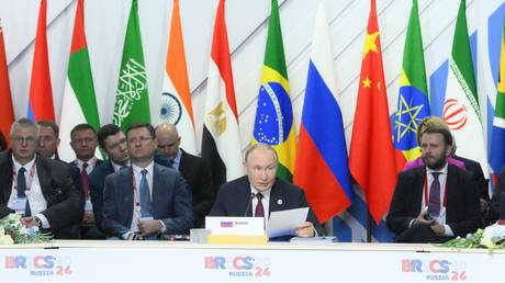 President of Russia Vladimir Putin during an expanded meeting of BRICS leaders during the 16th BRICS summit in Kazan.