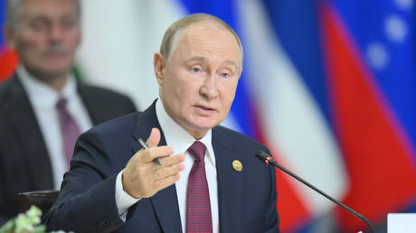 President of Russia Vladimir Putin during an expanded meeting of BRICS leaders during the 16th BRICS summit in Kazan.