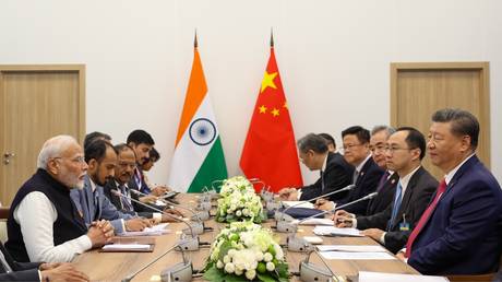 Indian Prime Minister Narendra Modi and President of the Peopleâ€™s Republic of China  Xi Jinping meeting on the sidelines of the 16th BRICS Summit at Kazan, Russia on October 23, 2024.