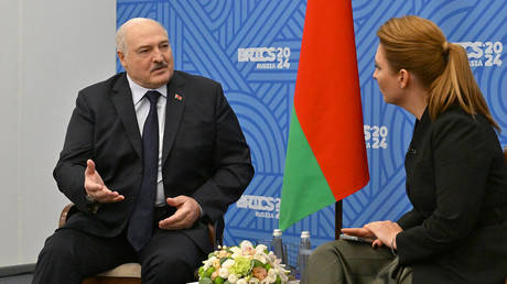 Belarusian President Alexander Lukashenko giving an interview to VGTRK reporter Olga Skabeeva, BRICS Summit, Kazan, Russia, October 23, 2024.