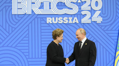 Russian President Vladimir Putin and President of the New Development Bank Dilma Rousseff at the 16th BRICS Summit in Kazan, Russia.