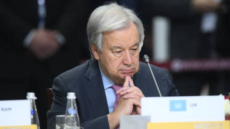 UN Secretary General Antonio Guterres at the plenary session of the BRICS Outreach meeting in Kazan on October 24, 2024.