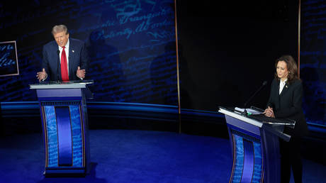 Republican presidential nominee, former US President Donald Trump and Democratic presidential nominee, US Vice President Kamala Harris debate for the first time during the presidential election campaign at The National Constitution Center on September 10, 2024 in Philadelphia, Pennsylvania.