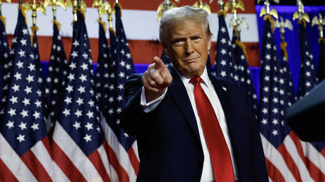 Republican presidential candidate Donald Trump at an election night event at the Palm Beach Convention Center, West Palm Beach, Florida, November 6, 2024.