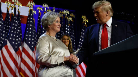 US president-elect Donald Trump and his campaign manager Susan Wiles at an election night event in West Palm Beach, Florida, November 06, 2024.