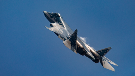 Russian SU-57E fighter jet during a flight at Airshow China 2024 in Zhuhai, China, November 12