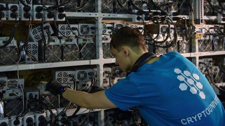 FILE PHOTO: Shelves with cryptocurrency mining farm at the opening of the first line of Russia's largest cryptocurrency mining center with capacity of 20 mVt, Leningrad Region.