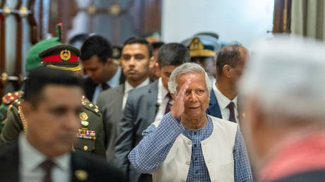 Nobel peace laureate Muhammad Yunus is taking the oath to lead Bangladesh's interim government as its chief adviser at the Bangabhaban in Dhaka, Bangladesh, on August 8, 2024.