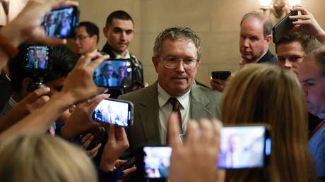  Congressman Thomas Massie, a Kentucky Republican, speaks to reporters  at the US Capitol in Washington