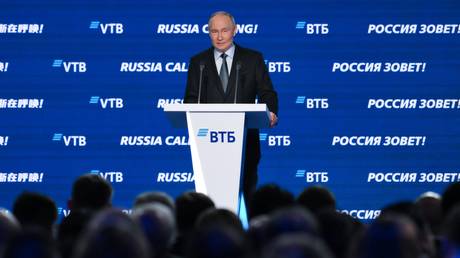 Russian President Vladimir Putin speaks at the plenary session of the VTB Investment Forum " Russia is Calling!".