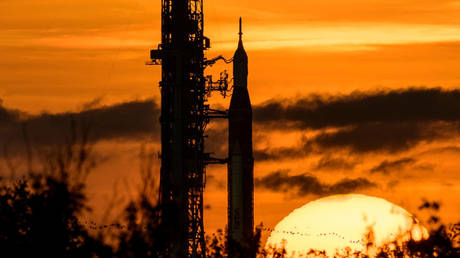 NASA's Space Launch System (SLS) rocket with the Orion spacecraft aboard at the launch pad, Kennedy Space Center, Cape Canaveral, Florida, the US, August 31, 2022.