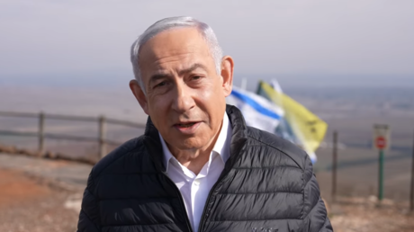 Benjamin Netanyahu delivers a statement from the Israeli-occupied Golan Heights, December 8, 2024