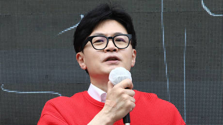 FILE PHOTO: South Korea's ruling People Power Party (PPP) leader Han Dong-hoon speaks during a rally.