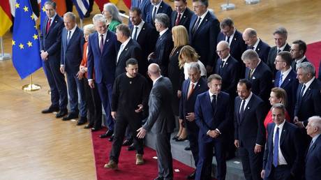 FILE PHOTO: Ukraine's Vladimir Zelensky and EU leaders in Brussels.