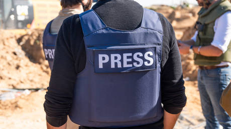 FILE PHOTO: Journalists gathered at the Erez border crossing in Northern Gaza, January 7, 2024.