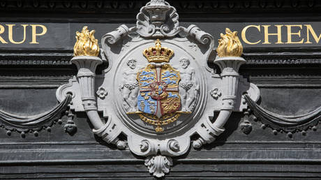 FILE PHOTO: Coat of arms of Denmark, relief on a facade in Copenhagen.