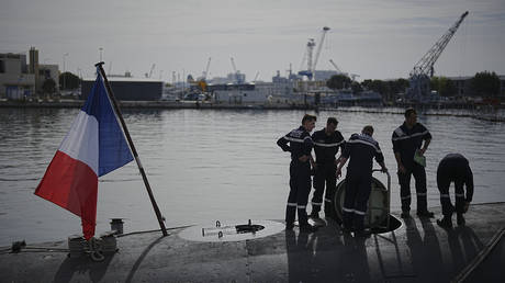 FILE PHOTO. Sailors prepare a French Rubis-class submarine at the Toulon naval base in southern France, Monday, April 15, 2024.