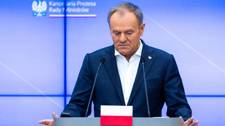 Polish Prime Minister Donald Tusk during a press conference after talks with Ukrainian leader Vladimir Zelensky in Warsaw, Poland, on January 15, 2024.