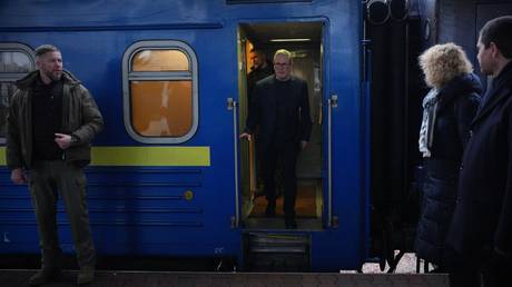 British Prime Minister Sir Keir Starmer arrives at Kiev train station.