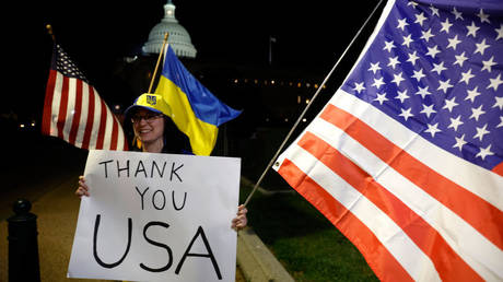  Ukraine supporters rally outside the US Capitol after the Senate passed a foreign aid bill in Washington, DC, April 23, 2024.