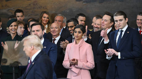 Tesla and SpaceX CEO Elon Musk gives a thumbs up as President Donald Trump speaks at the US Capitol Rotunda on January 20, 2025.