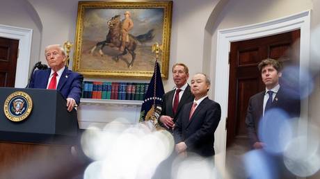 US President Donald Trump, Oracle CTO Larry Ellison, SoftBank CEO Masayoshi Son, and OpenAI CEO Sam Altman during the announcement of the Stargate initiative on January 21, 2025.