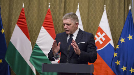 Slovakian PM Robert Fico speaks to the media during the joint press conference with Hungarian PM Victor Orban  in Bratislava, Slovakia on January 21, 2025.