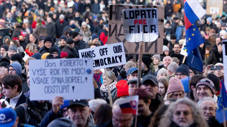 Around 40 thousand people gather at Freedom square as nationwide protests continue against the Robert Fico-lead government, in Bratislava, Slovakia on January 24, 2025.