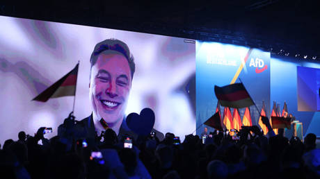 Elon Musk speaks during an AfD election rally in Halle, Germany, January 25, 2024