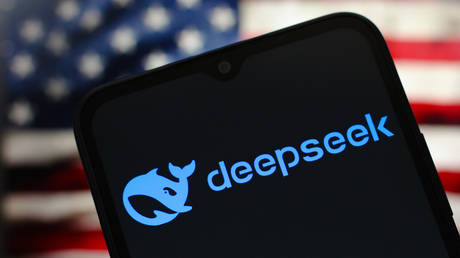 The DeepSeek logo is seen displayed on a smartphone screen.