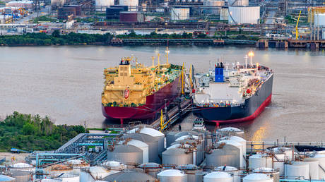 FILE PHOTO: Two LPG tanker ships side by side in port at Houston, Texas.