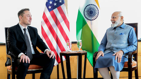 Indian Prime Minister Narendra Modi (R) meets with Elon Musk (L) in New York, United States.