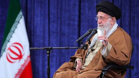 Iranian Supreme Leader Ayatollah Ali Khamenei speaking during a meeting with air force personnel in Tehran.