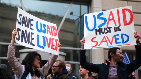 Protestors gather outside of USAID headquarters on February 3, 2025 in Washington, DC.