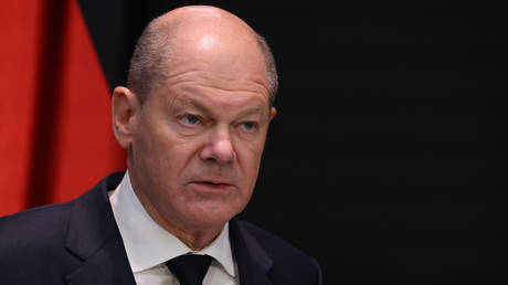 FILE PHOTO: German Chancellor Olaf Scholz speaks during a press-conference.