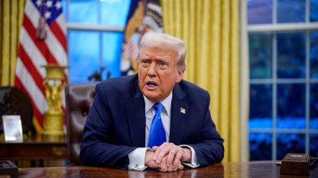 US President Donald Trump speaks during an executive order signing in the Oval Office at the White House on February 11, 2025 in Washington, DC.