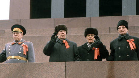 FILE PHOTO: The celebration of the anniversary of the October Revolution on Red Square in 1981. Party leaders on the tribune of Lenin's Mausoleum.