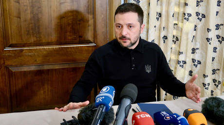 Vladimir Zelensky speaks to the press on the sidelines of the 61st Munich Security Conference in Munich, Germany on February 14, 2025.