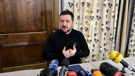 Ukrainian leader Vladimir Zelensky speaks to the press on the sidelines of the 61st Munich Security Conference, Munich, Germany.