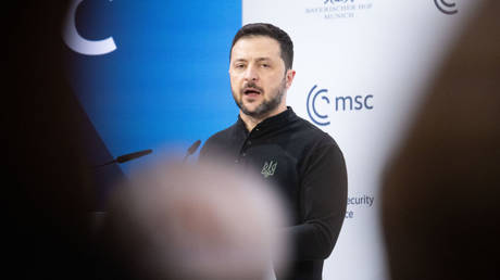 Ukrainian leader Vladimir Zelensky speaks during the 61st Munich Security Conference, Bavaria, Germany, february 15, 2025.